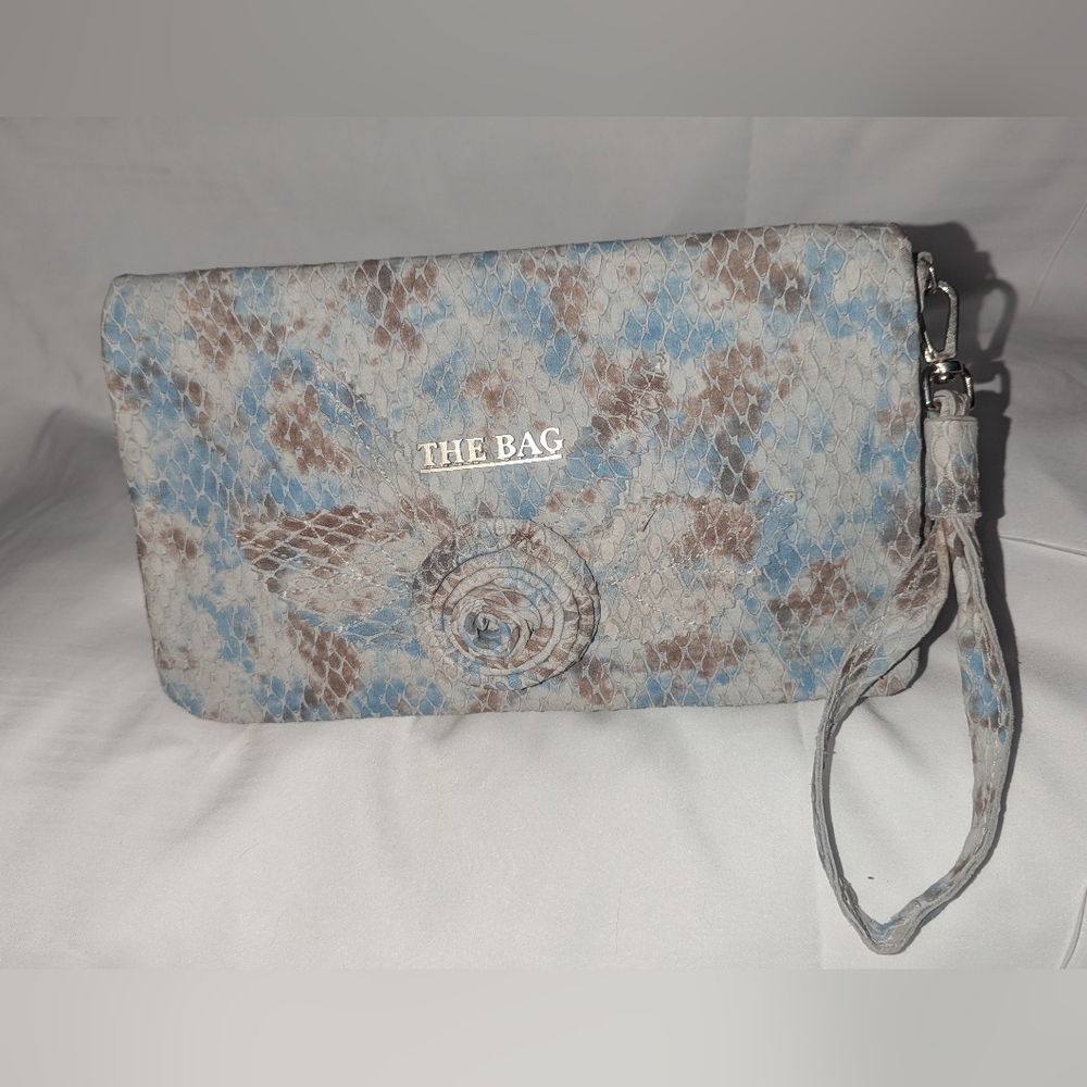 Blue and Brown Leather Wristlet Clutch
